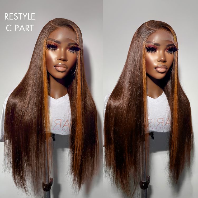 Honey blonde highlight silky straight 5x5 lace closure wig made of 100% human hair by Luvme, featuring a natural hairline and seamless fit.