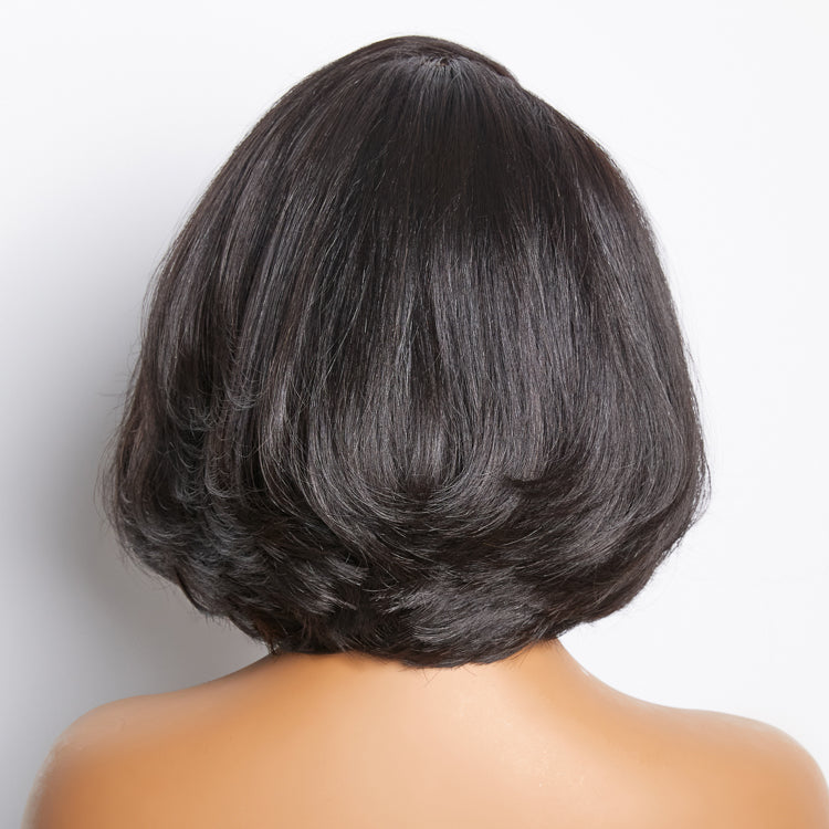 Luvme Hair Toffee Brown Mix Blonde and Natural Black layered bob wig with 5x5 lace closure, glueless design, and curly texture.