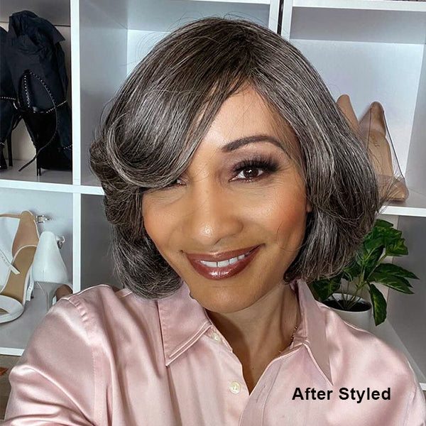 Luvme Throw On & Go salt and pepper glueless bob wig with bangs, beginner-friendly, no lace, short hair style, US only