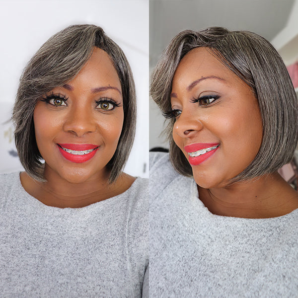 Luvme Throw On & Go salt and pepper glueless bob wig with bangs, beginner-friendly, no lace, easy to wear, close-up view.