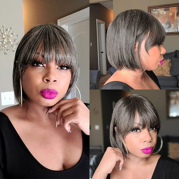 Luvme Throw On & Go Salt & Pepper glueless bob wig with bangs, beginner-friendly, no lace, easy to wear, US style