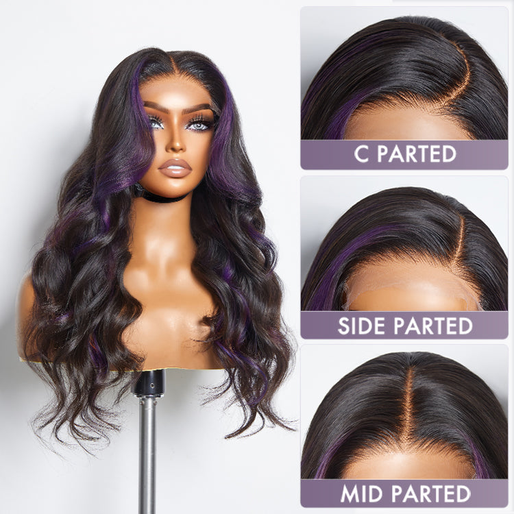 Purple Highlights Mid Part Loose Wave Glueless 5x5 Closure HD Lace Wig-06