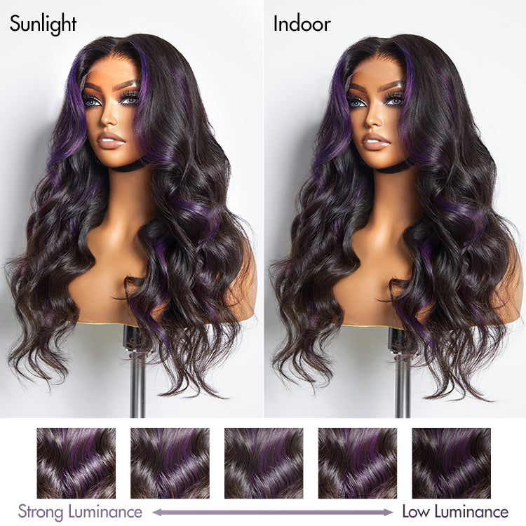 Purple Highlights Mid Part Loose Wave Glueless 5x5 Closure HD Lace Wig-05