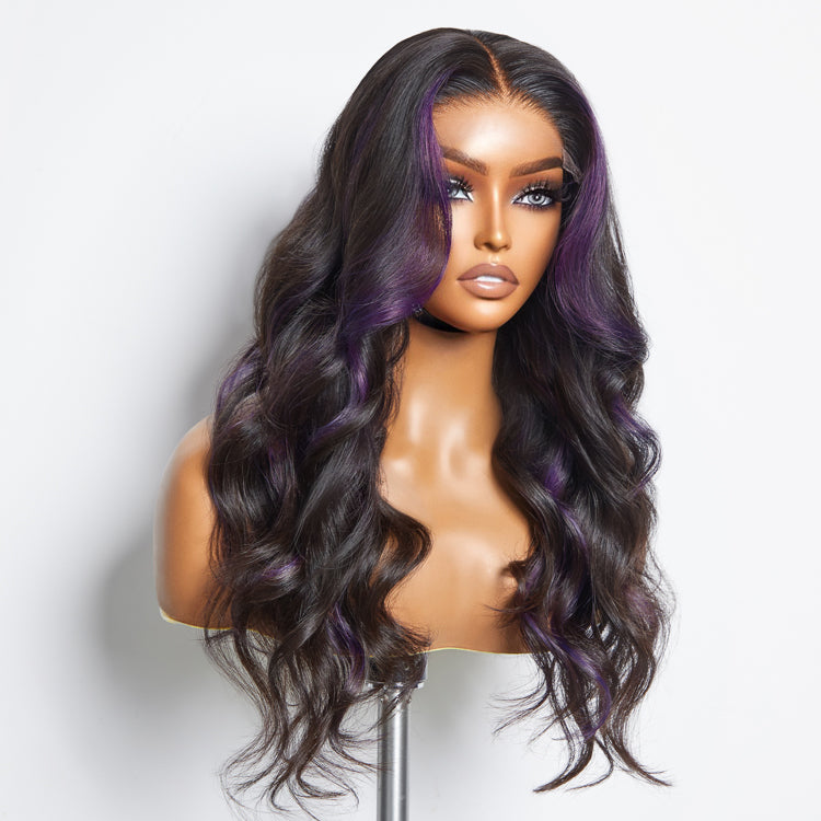 Purple Highlights Mid Part Loose Wave Glueless 5x5 Closure HD Lace Wig-03