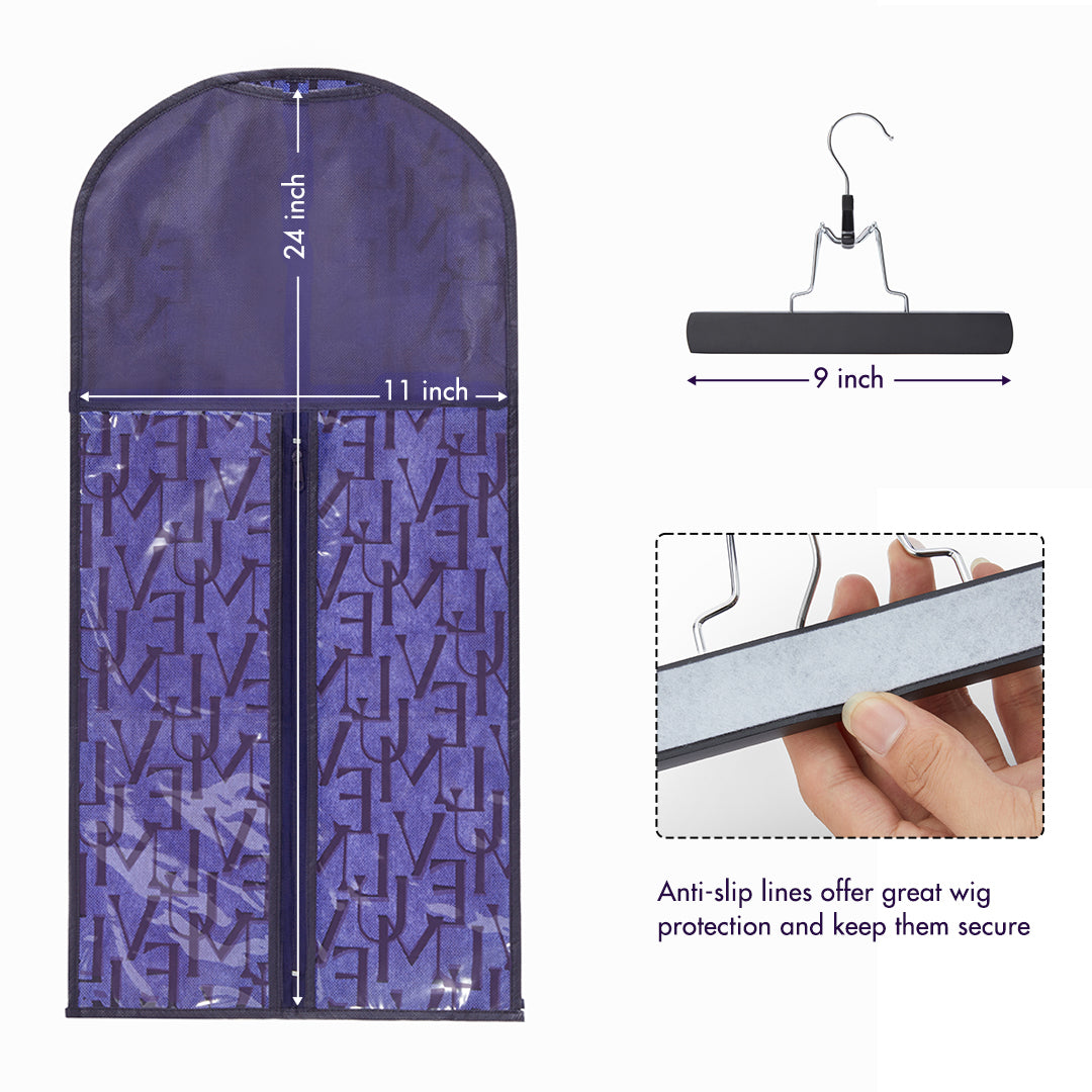 Two portable Luvme Hair wig storage bags with transparent zip closures, anti-slip wooden hangers, and space for hair extensions.