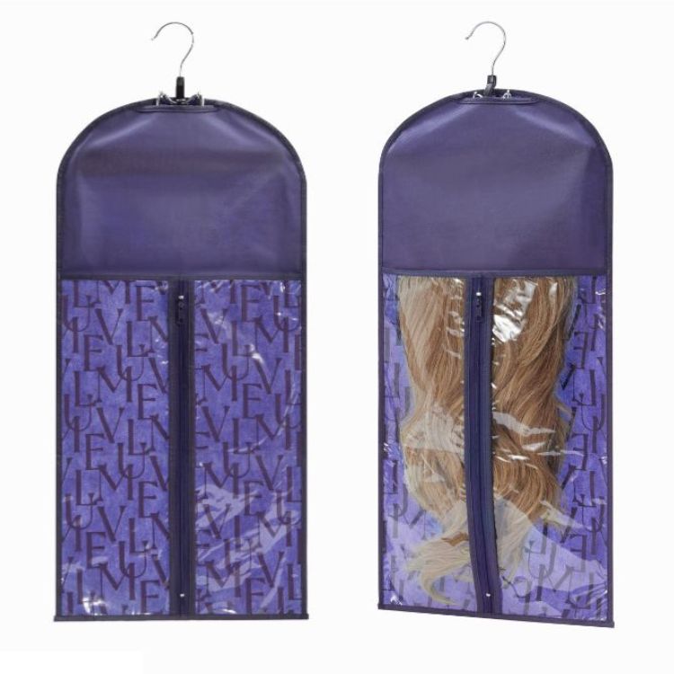 Two Luvme Hair portable wig storage bags with transparent zip closures and anti-slip wooden hangers for hair extensions.