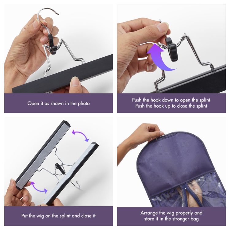 Two portable Luvme Hair wig storage bags with transparent zip closures and anti-slip wooden hangers for hair extension organization.