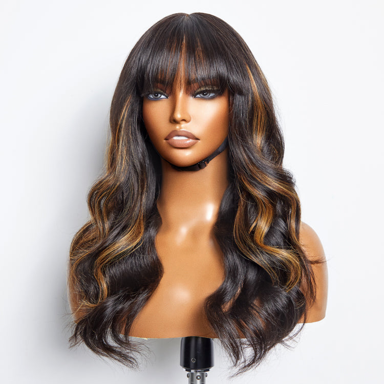 Breathable Cap Loose Wave 5x5 Closure Lace Glueless Human Hair Long Wig with Cute Bangs - US Only-11