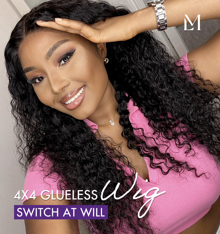 Deep Wave 4x4 Closure Lace Glueless Mid Part Long Curly Wig 100% Human Hair-01