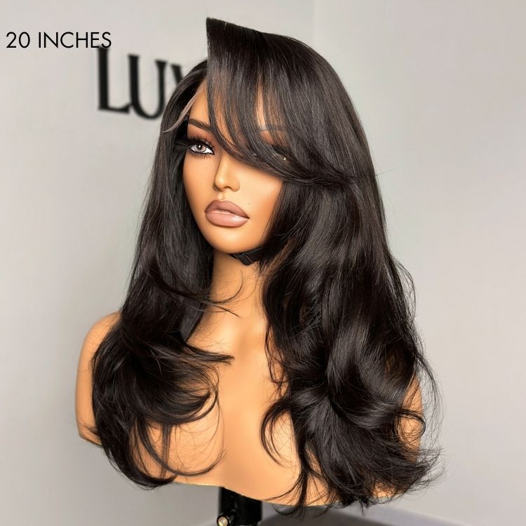 Luvme Hair 5x5 Closure Wig with HD lace, layered cut, bangs, glueless design, available in large and small cap sizes.