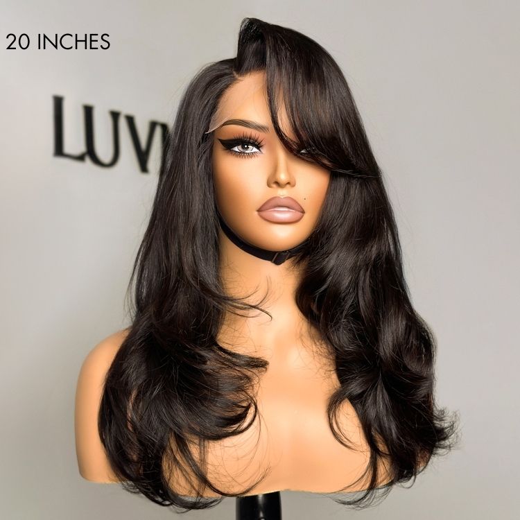 Luvme Hair 5x5 closure wig with layered cut, HD lace, bangs, available in large and small cap sizes, natural style.