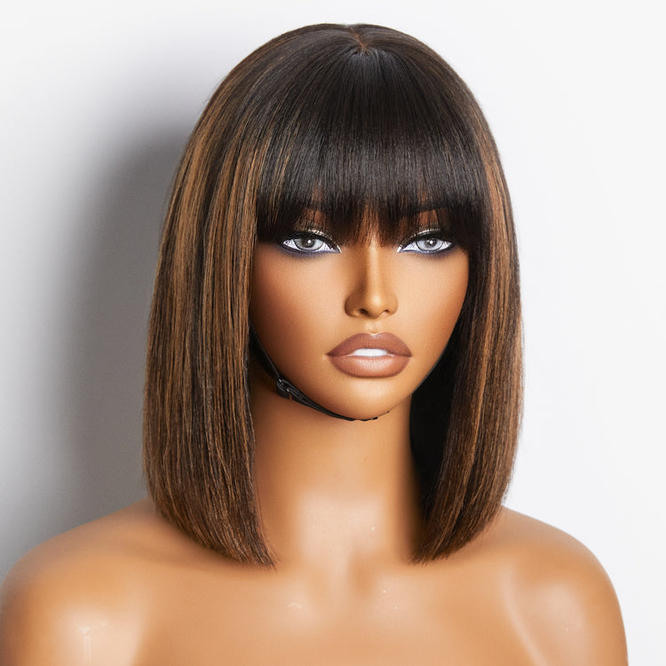 Weekly Special | Put On and Go Realistic Glueless Yaki Straight Bob with Bangs Minimalist Lace Wig 100% Human Hair-17