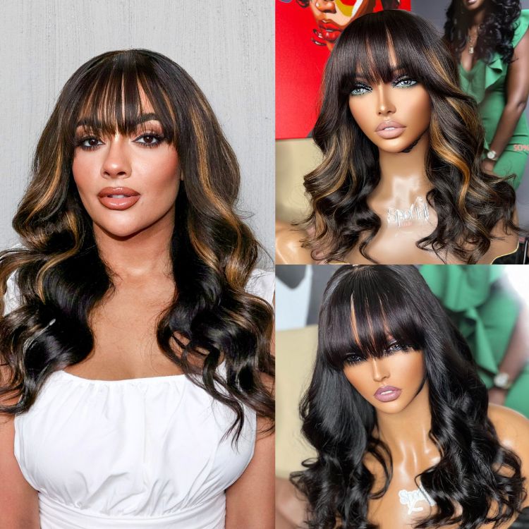 Breathable Cap Loose Wave 5x5 Closure Lace Glueless Human Hair Long Wig with Cute Bangs - US Only-07