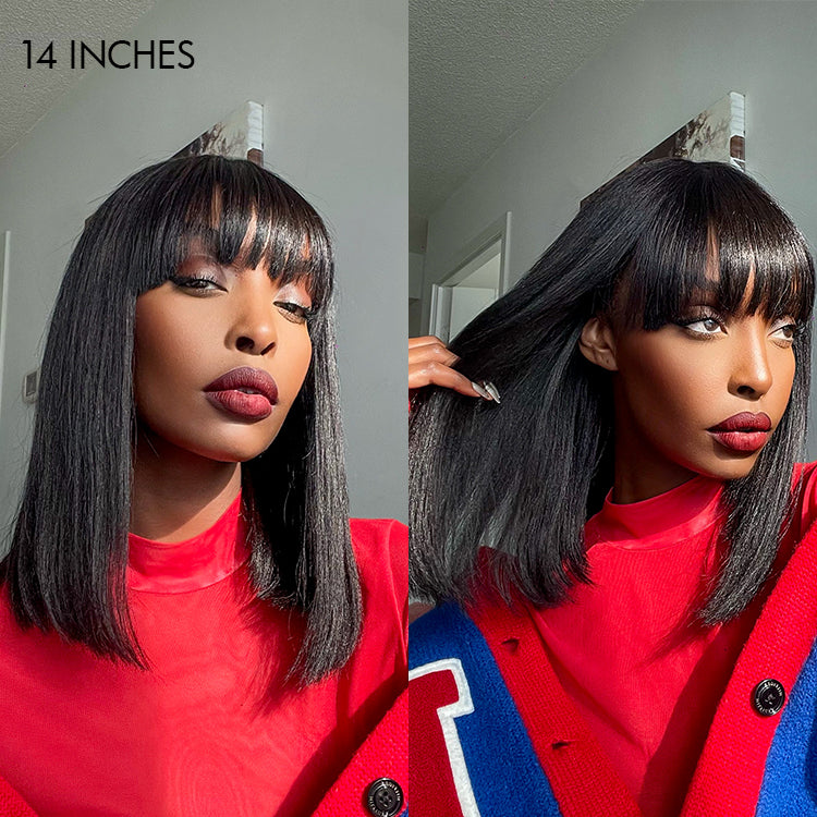 Luvme glueless Yaki straight bob lace wig with bangs, 100% human hair, realistic and easy to wear for a chic look.