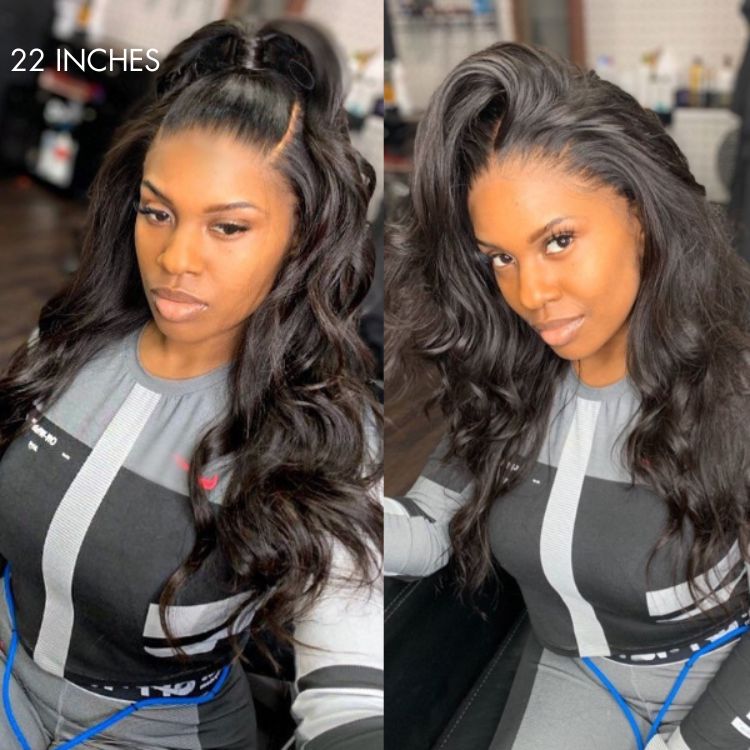 Luvme Full Lace Black Body Wave and Straight Half Up Half Down Wig with free parting, natural black color.