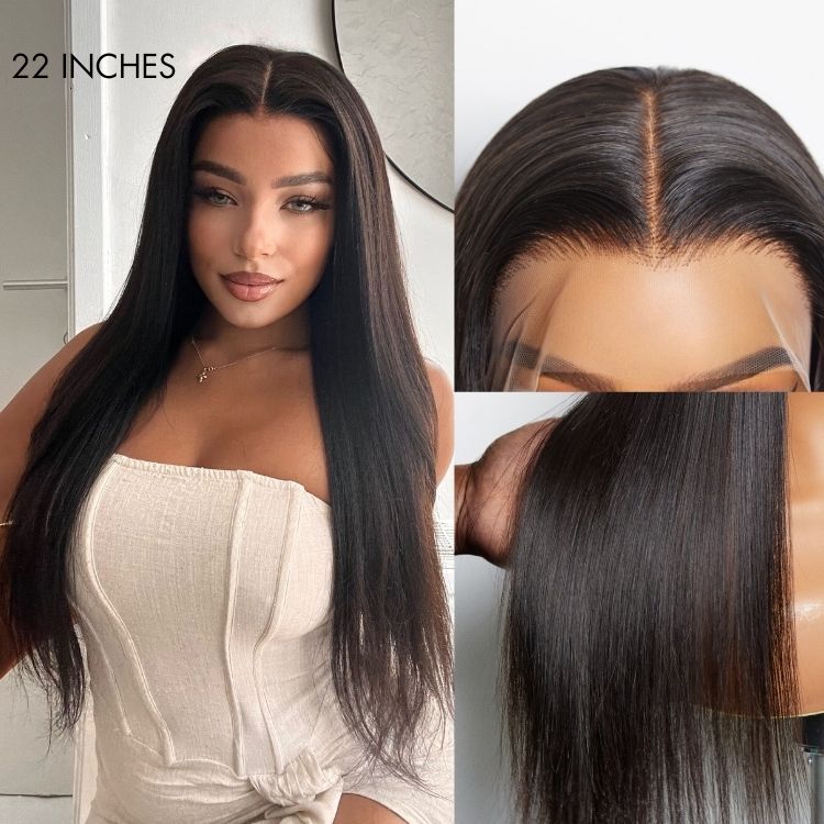 Luvme full lace wig with natural black body wave and straight styles, half up half down with free parting, showcasing hair texture.