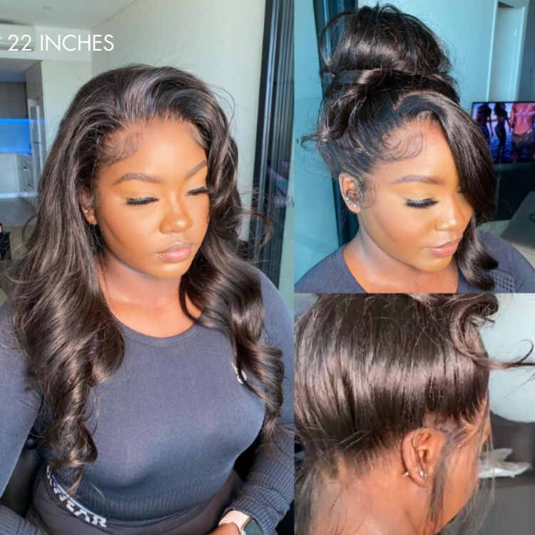 Luvme full lace wig with natural black body wave and straight styles, featuring free parting and half up half down hairstyle.