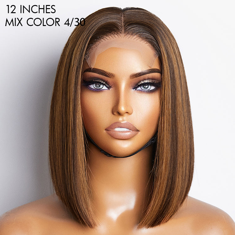 Luvme glueless 4x4 closure bob wig with sleek piano highlights, made of 100% human hair, showing the styled wig on a mannequin head.