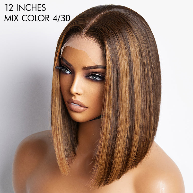 Luvme glueless sleek piano highlights 4x4 closure bob wig made of 100% human hair, showcasing straight style with highlighted ends.