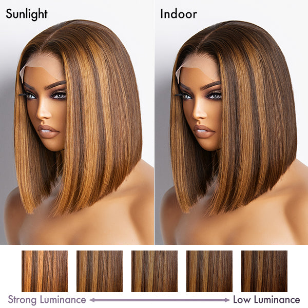 Luvme glueless 4x4 closure bob wig with sleek piano highlights, made of 100% human hair, natural hairline and parting