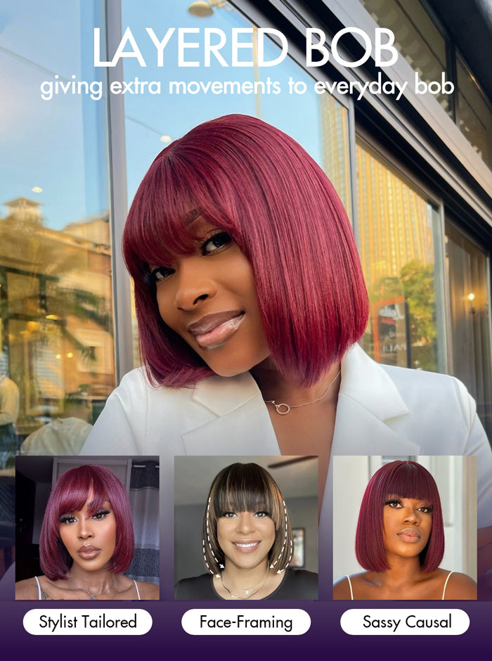 New Customers Only | Put On and Go Reddish Purple / Ash Blonde Highlight / Brown Highlight / Natural Black Layered Cut Yaki Straight Minimalist Lace Bob Wig-22