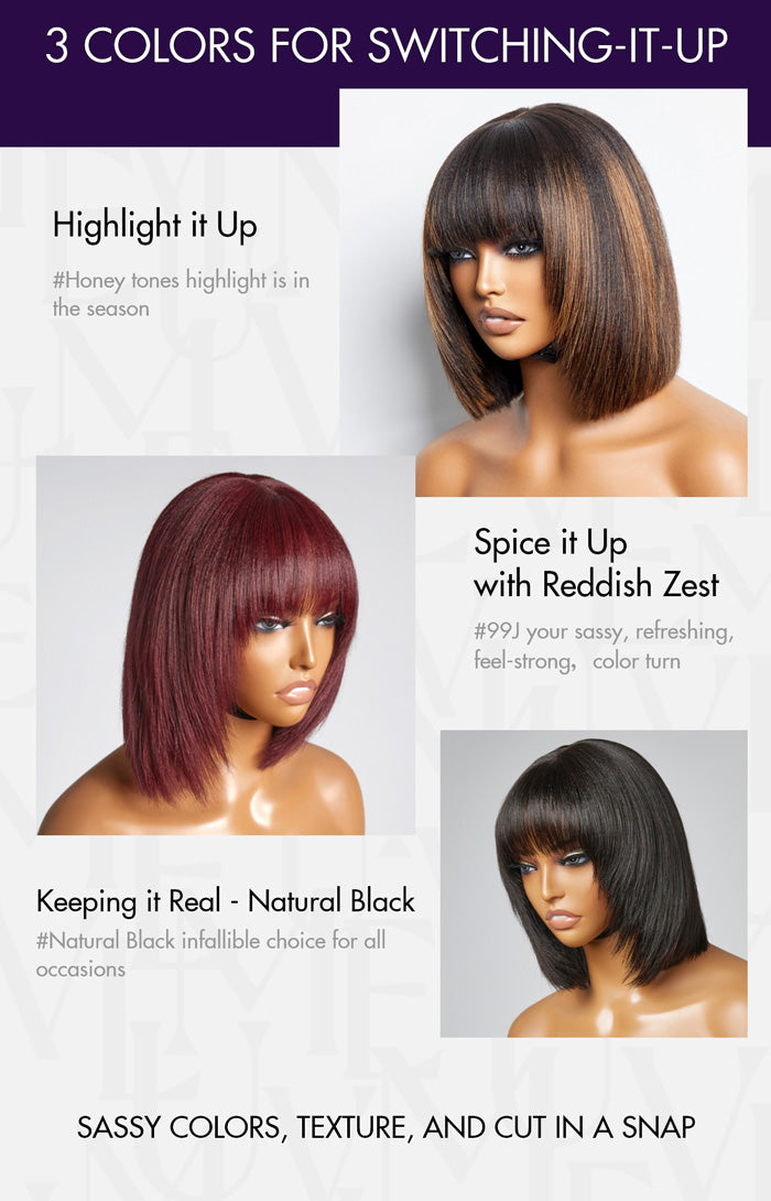 Put On and Go Ash Blonde Highlight / Brown Highlight / Natural Black Layered Cut Yaki Straight Minimalist Lace Bob Wig-20