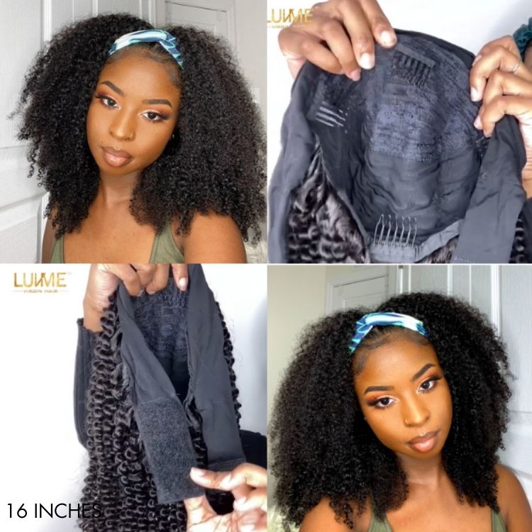 New Customers Only | Natural Black Jerry Curly No Lace Glueless Free Part Long Headband Wig 100% Human Hair (Get Free Trendy Headbands)-05