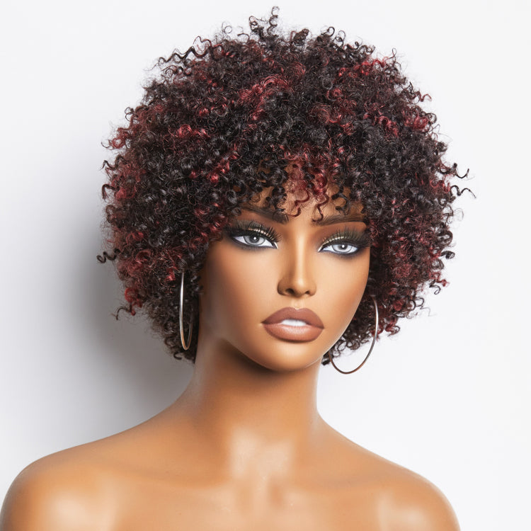 Flash Sale | Dark Red / Blonde Highlights / Natural Black Afro Curls Glueless Ready to Go Wig Beginner Friendly
