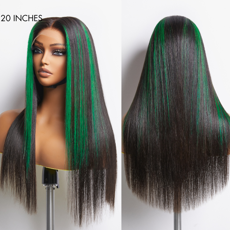 Green Highlight Silky Straight Glueless 5x5 Closure Lace Wig | Large & Small Cap Size-04
