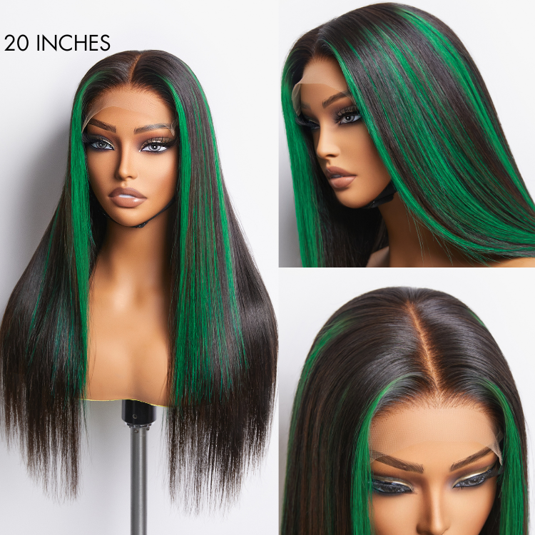 Green Highlight Silky Straight Glueless 5x5 Closure Lace Wig | Large & Small Cap Size-03