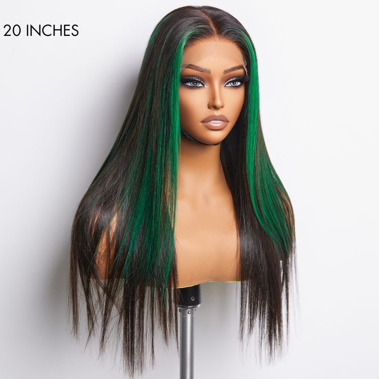 Green Highlight Silky Straight Glueless 5x5 Closure Lace Wig | Large & Small Cap Size-05