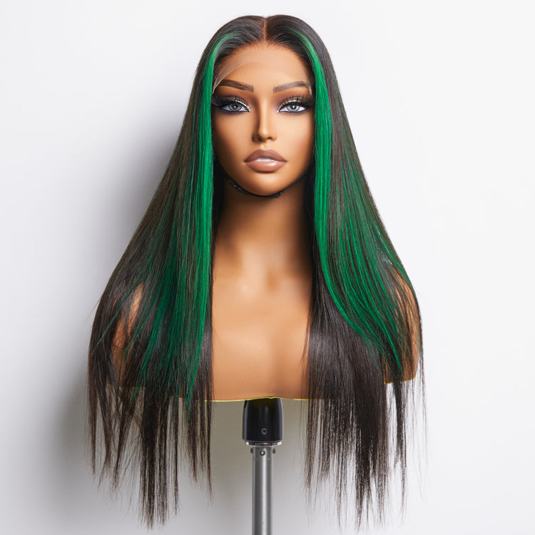 Green Highlight Silky Straight Glueless 5x5 Closure Lace Wig | Large & Small Cap Size-02