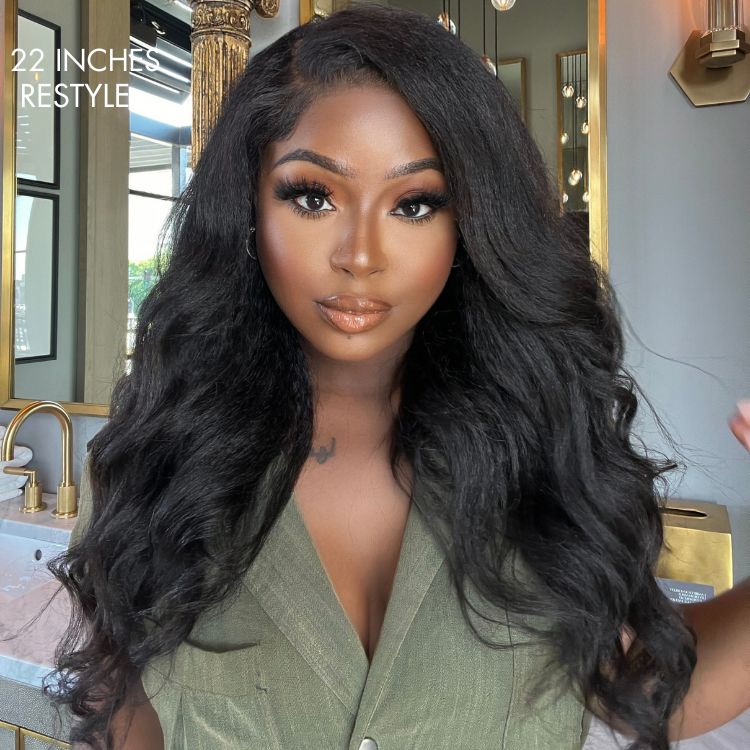 Luvme 5x5 closure wig with natural black kinky edges, glueless long wig made from 100% human hair, styled with kinky straight texture.