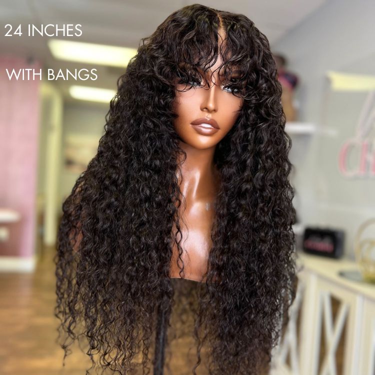 Luvme deep wave 4x4 closure lace glueless long curly wig made of 100% human hair, with a mid-part style and natural curls.