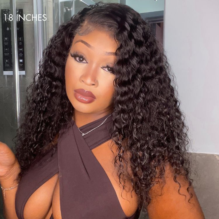 Luvme 13x4 frontal lace wig with deep wave pattern and 180% density, glueless style, showcasing the hair and lace front detail.