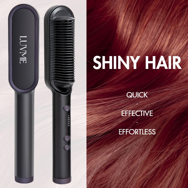 Luvme Hair ceramic hair straightener comb with US plug, built-in heating plate, fast 20s heat-up, and adjustable temperature settings.