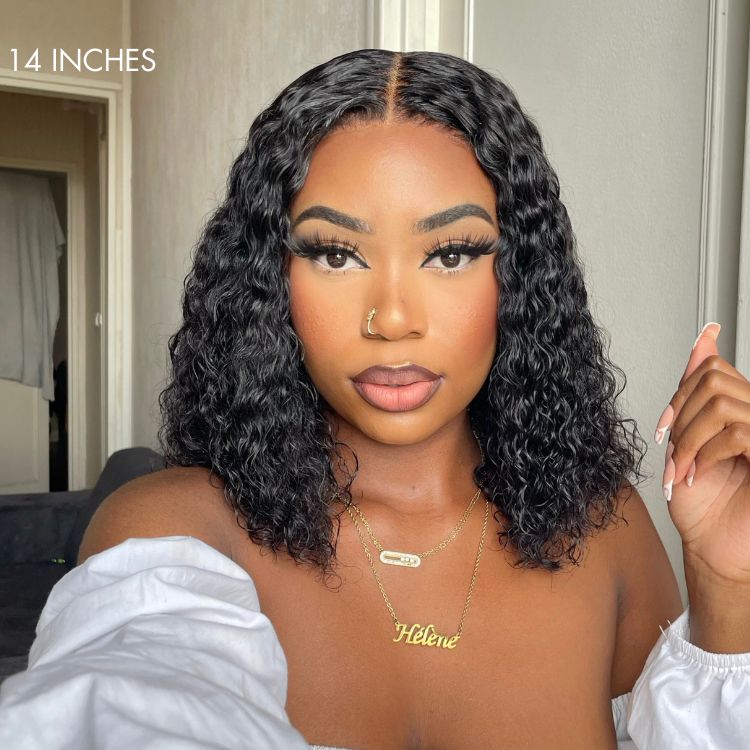 Luvme 13x4 frontal lace wig with deep wave pattern and 180% density, glueless construction, natural hairline and parting.