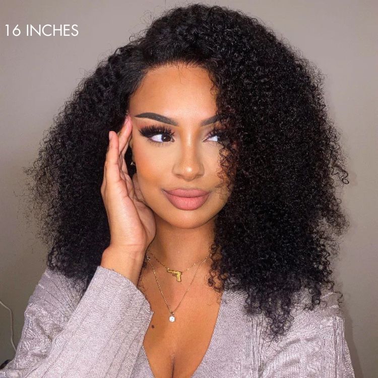 Luvme Afro curly 13x4 frontal lace wig with real HD lace, glueless free parting, showcasing natural curls and lace front for a seamless look.