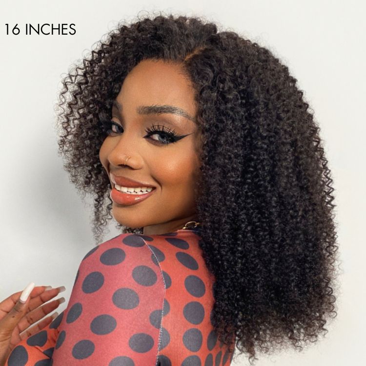 Luvme Afro curly 13x4 frontal lace wig with real HD lace, showcasing natural curls and free parting on a mannequin head.