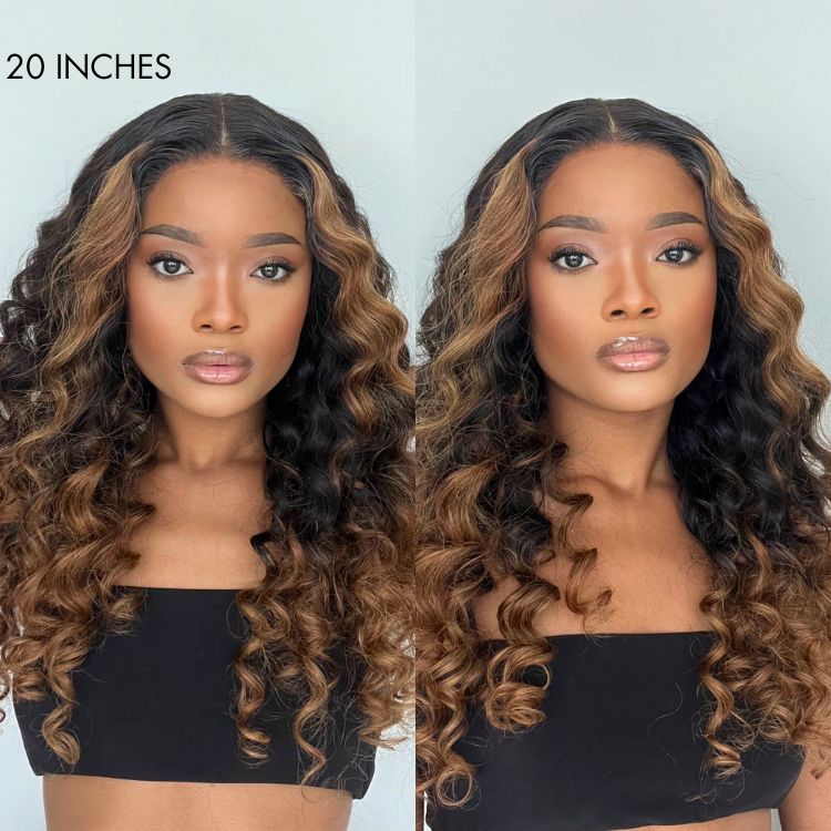 Fluffy Brown Ombre Highlights Water Wave Glueless 5x5 Closure HD Lace Long Curly Wig Breathable Cap-09