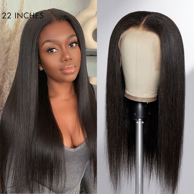 Luvme 13x4 frontal wig with natural Yaki straight human hair, long glueless lace wig with HD lace and hairline detail.