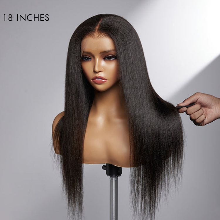 Luvme natural yaki straight 13x4 glueless frontal wig with HD lace, long human hair, designed for a realistic hairline.