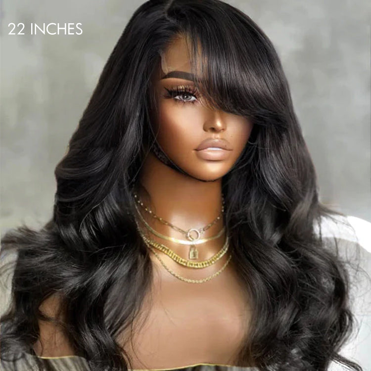 Brown Mix Black / Natural Black C Part Glueless Loose Wave 5x5 Closure Wig with Bangs- US ONLY-09