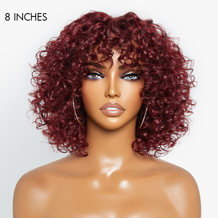 Special Deal | Beginner Friendly Dark Red Water Wave Glueless Minimalist Lace Curly Wig with Bangs-06