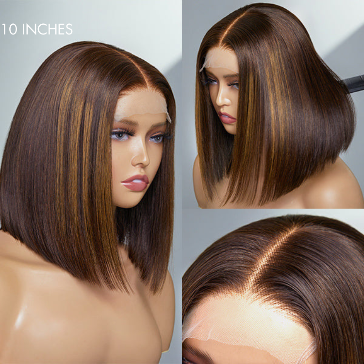 Limited Stocks | Glueless Chestnut Brown Highlights Straight 4x4 Closure Bob Wig - US Only-05