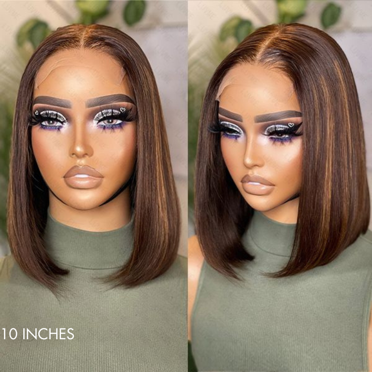 Limited Stocks | Glueless Chestnut Brown Highlights Straight 4x4 Closure Bob Wig - US Only-06