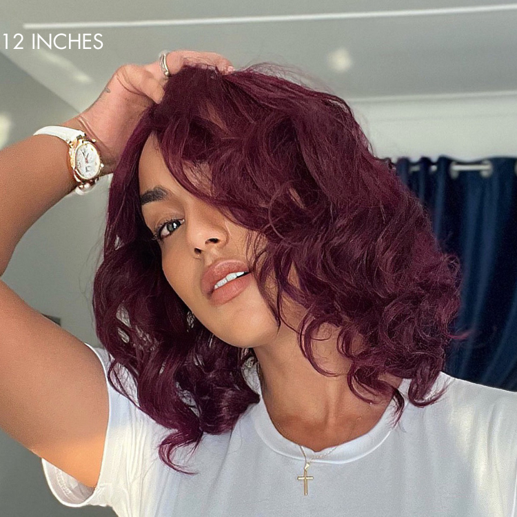 Luvme dark plum 99J minimalist lace wig with loose waves, glueless mid-part style, short length, HD lace for natural look.