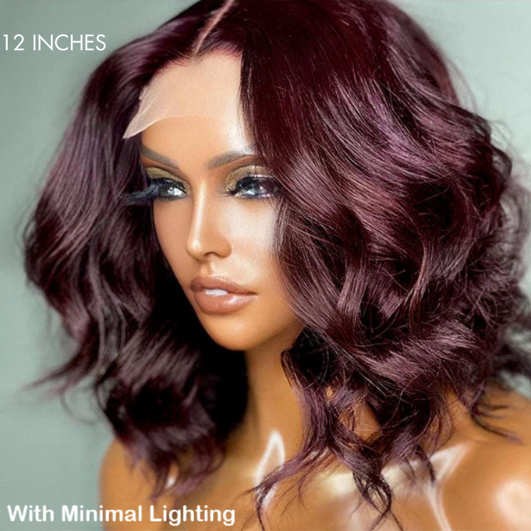 Luvme dark plum 99J minimalist lace wig with loose waves, HD lace, glueless design, short mid-part style, natural look.