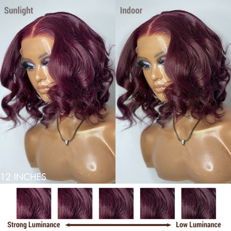 Luvme Dark Plum 99J minimalist lace wig with loose waves, short length, glueless HD lace, mid-part, natural hair appearance.