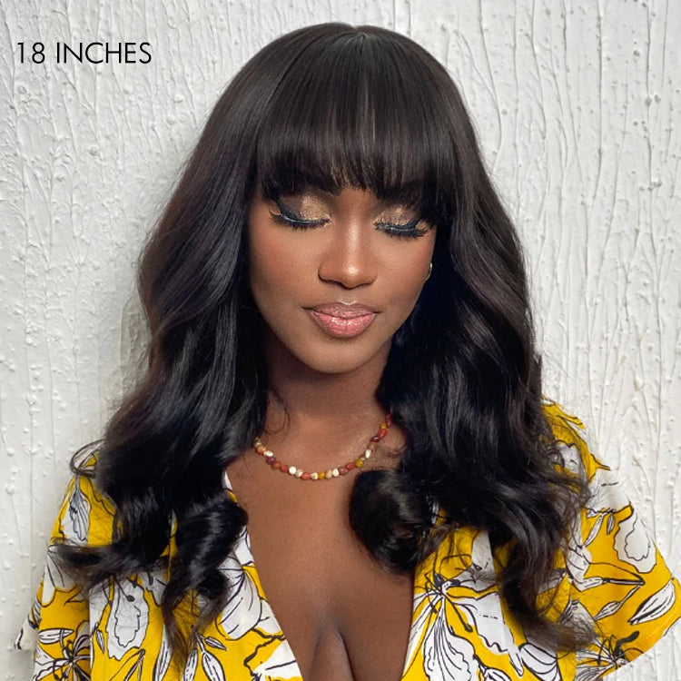 Breathable Cap Loose Wave 5x5 Closure Lace Glueless Human Hair Long Wig with Cute Bangs - US Only-06